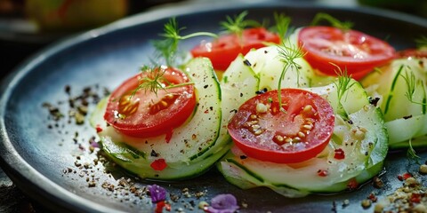 Wall Mural - Plate of salad with cucumbers and tomatoes