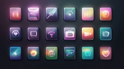 Collection of colorful square app icons with neon glow.
