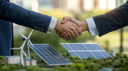 Poster - Two professionals shake hands over a model showcasing solar panels and wind turbines, representing collaboration in sustainable finance and investment in renewable energy solutions.