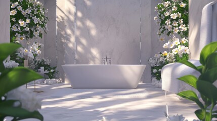 Poster - This serene bathroom features a stylish freestanding tub positioned amidst lush plants and beautiful white flowers.