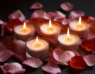 Wall Mural - four glowing candles surrounded by soft rose petals