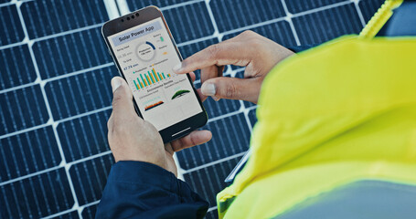 person, hands and engineer with phone screen for solar panel diagnostics, software or photovoltaic s