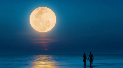 Wall Mural - Romantic scene: couple silhouetted on a tranquil beach, holding hands under the enchanting glow of a full moon