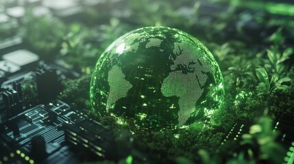 Poster - A detailed view of a digital globe surrounded by lush green vegetation, symbolizing the integration of technology and sustainability.