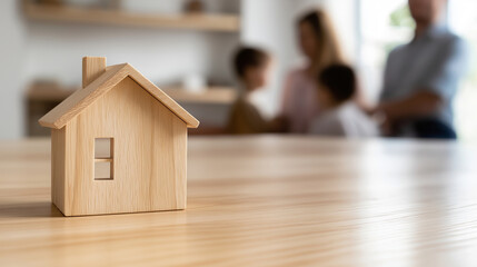 Wall Mural - Family discussing real estate investment in background of small wooden house model on table