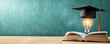 © Bonsales - Graduation cap hovering over a glowing lightbulb on an open textbook against a chalkboard, symbolizing academic success and innovation