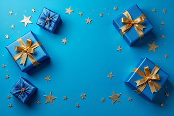 Wall Mural - blue gift boxes with shimmering gold ribbons, placed on a blue background with scattered stars, capt