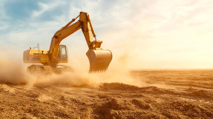 Yellow excavator scooping up dry sand in a desert landscape, creating dust clouds under a hot midday sun