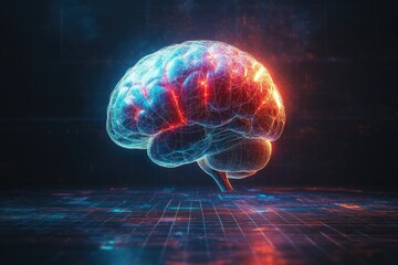 a conceptual image of brain regions highlighted in bright colors (blue, red, and green), with a soft