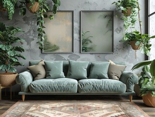 This elegant living room setup showcases a plush green velvet couch complemented by two sophisticated picture frames