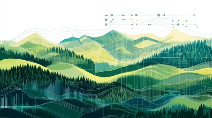 Poster - A serene landscape of rolling green hills is overlaid with data visualizations representing artificial intelligence and sustainable finance.