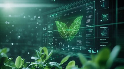 Aufkleber - Digital projections of leaves and data showcase the blend of AI and sustainable finance, highlighting innovative strategies for environmental assessments and investment solutions.