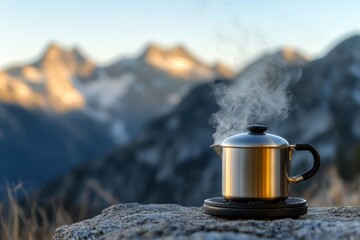 Wall Mural - outdoor coffee brewing, making coffee outside on a portable stovetop, with steam rising against a serene mountain range and clear blue sky