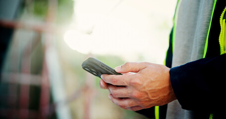 Aufkleber - Phone, hands and man outdoor with communication, networking or contact online with mobile app. Technology, closeup and male engineer typing text, email or blog on social media with cellphone.