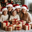 © Lalə - Smiling family in Santa hats with gifts.