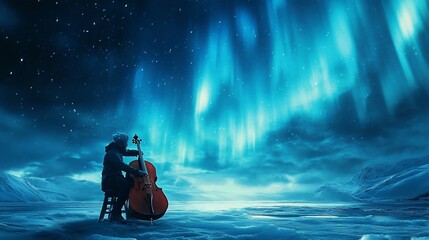 Wall Mural - Cellist plays under aurora borealis.