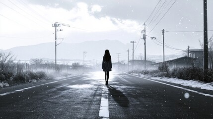 Wall Mural - person walking in snowy road