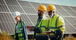 © peopleimages.com - Business people, technician and discussion with solar panel for photovoltaic, PV installation or renewable energy. Group, engineer or contractors with tablet or technology for eco friendly power