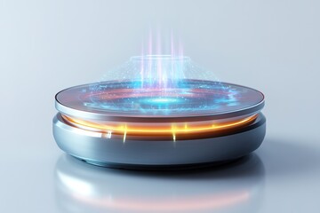 high quality stock photo of glowing holographic display interface projected from smooth metallic bas