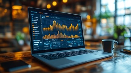 Wall Mural - analyzing ai-driven credit data on a laptop in a cozy cafe environment