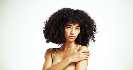 Wall Mural - portrait, space and afro woman with hair care, studio and treatment for wellness and health. face, g