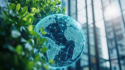 Leinwandbilder - A digital representation of Earth surrounded by greenery symbolizes the intersection of technology and sustainable finance.