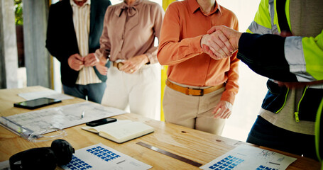 Poster - Engineering, closeup and business people with handshake, cooperation and contractor. Employees, architecture and coworking with deal, collaboration and planning for building project and partnership