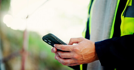 Aufkleber - Cellphone, hands and man outdoor with communication, networking or contact online with mobile app. Technology, closeup and male engineer typing text, email or blog on social media with phone.