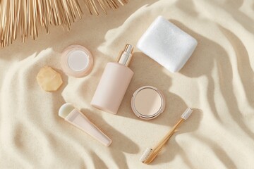 Beauty products and accessories displayed on soft sand with natural light shadows.