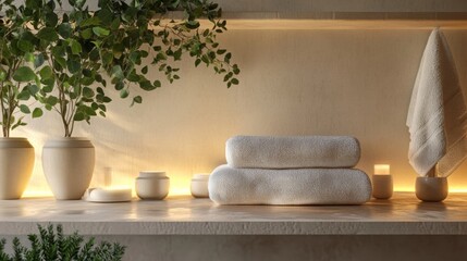 Poster - Soft light enhances a tranquil atmosphere filled with inviting scents. Fresh towels are neatly stacked on a natural stone surface surrounded by candles and greenery, creating a peaceful retreat.