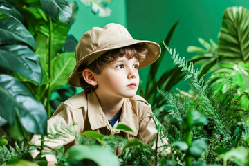 young caucasian boy in safari outfit exploring lush jungle environment
