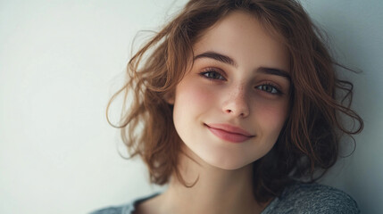 Wall Mural - Woman with long brown hair and a smile on her face. She is wearing a white shirt