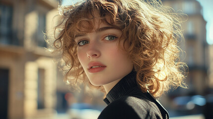 Wall Mural - Woman with curly hair and a blue shirt. She has a smile on her face