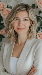 Wall Mural - Confident woman smiling in elegant attire with floral backdrop in soft lighting