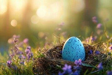 Wall Mural - Blue speckled egg nestled in a spring flower garden at sunrise