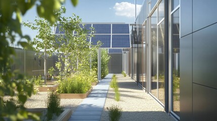 Aufkleber - This initiative showcases a vibrant outdoor space featuring solar panels and lush greenery. Sunlight streams over pathways, highlighting efforts in sustainable finance.