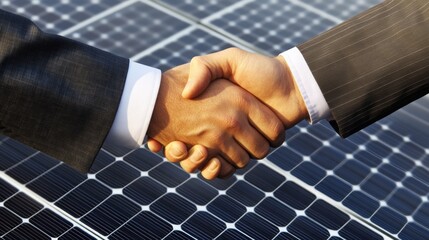Poster - Two professionals shake hands on a solar panel installation site, symbolizing a commitment to sustainable finance and the promotion of renewable energy solutions for future development.