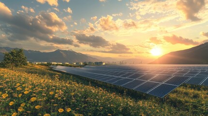 Aufkleber - Sunlight casts a warm glow over sprawling solar panels in a lush field of wildflowers. The backdrop features mountains and a clear sky, illustrating the potential of sustainable energy solutions.