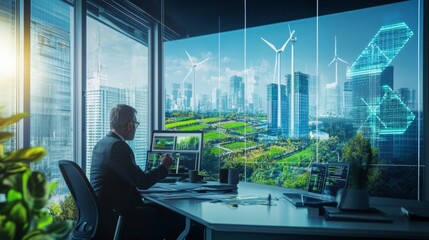 Leinwandbilder - A professional analyzes data on a digital screen in a high-tech office infused with sustainable finance concepts. The background features urban greenery, wind turbines, and futuristic buildings.