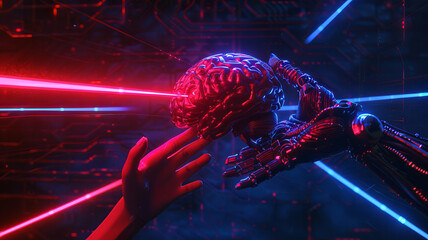 Futuristic Brain Interface with Human and Robot Interaction in Cyberspace with cyber 5g technology, background neon light