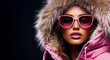 © GS Edwards Studio - A fashionable woman in sunglasses and a pink winter coat on a black background, copy space