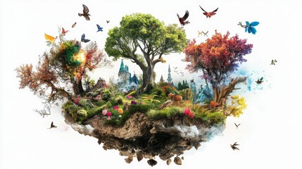 Canvas Print - Floating island, seasonal trees, castle, birds, butterflies.