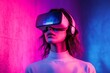 © jambulart - Woman wearing headset, immersed in virtual reality, vibrant lighting.