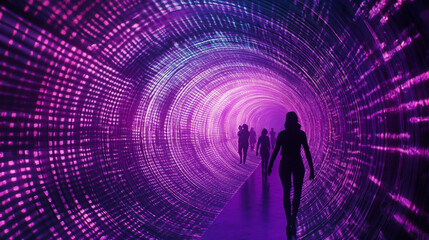 Silhouettes Walking Through Purple Digital Tunnel  Data Stream  Futuristic Technology  Abs