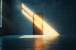 © Odin AI - Light beams illuminate an empty room with a wooden door in a minimalistic design setting