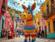© ROJER - Colorful funny donkey pinata hanging against blurry background with falling confetti. Hispanic decoration for Las Posadas
