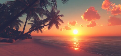 Wall Mural - a beautiful sunset over the palm trees on an exotic beach, with vibrant colors and a serene atmosphe