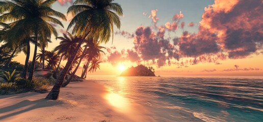 Wall Mural - a beautiful sunset over the palm trees on an exotic beach, with vibrant colors and a serene atmosphe