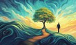 © jambulart - Abstract landscape: figure walks path to tree.