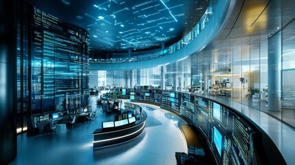 Poster - In a cutting-edge office space, professionals utilize advanced technology to analyze data related to sustainable finance.